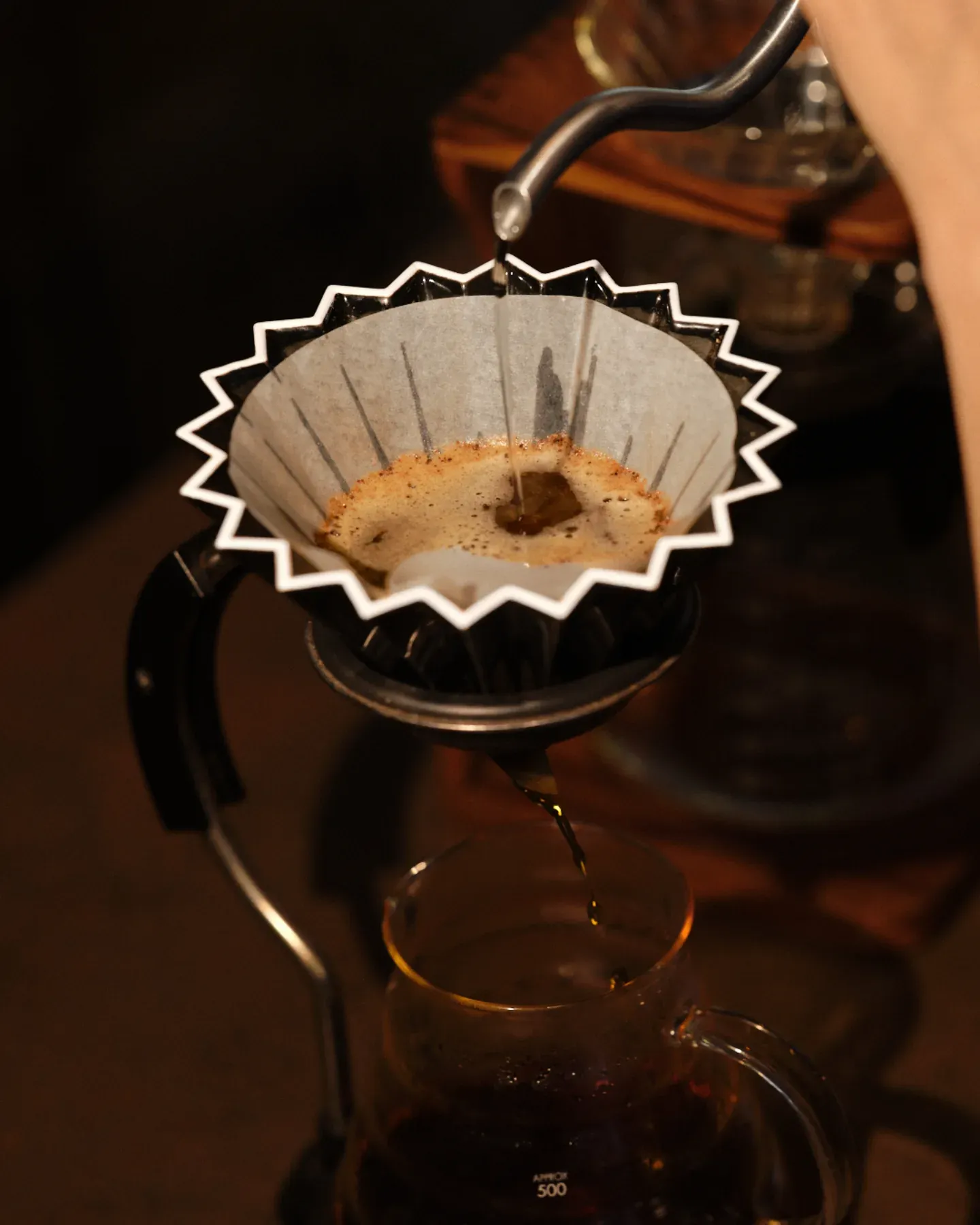Agua caliente cayendo sobre un filtro V60 lleno de café molido